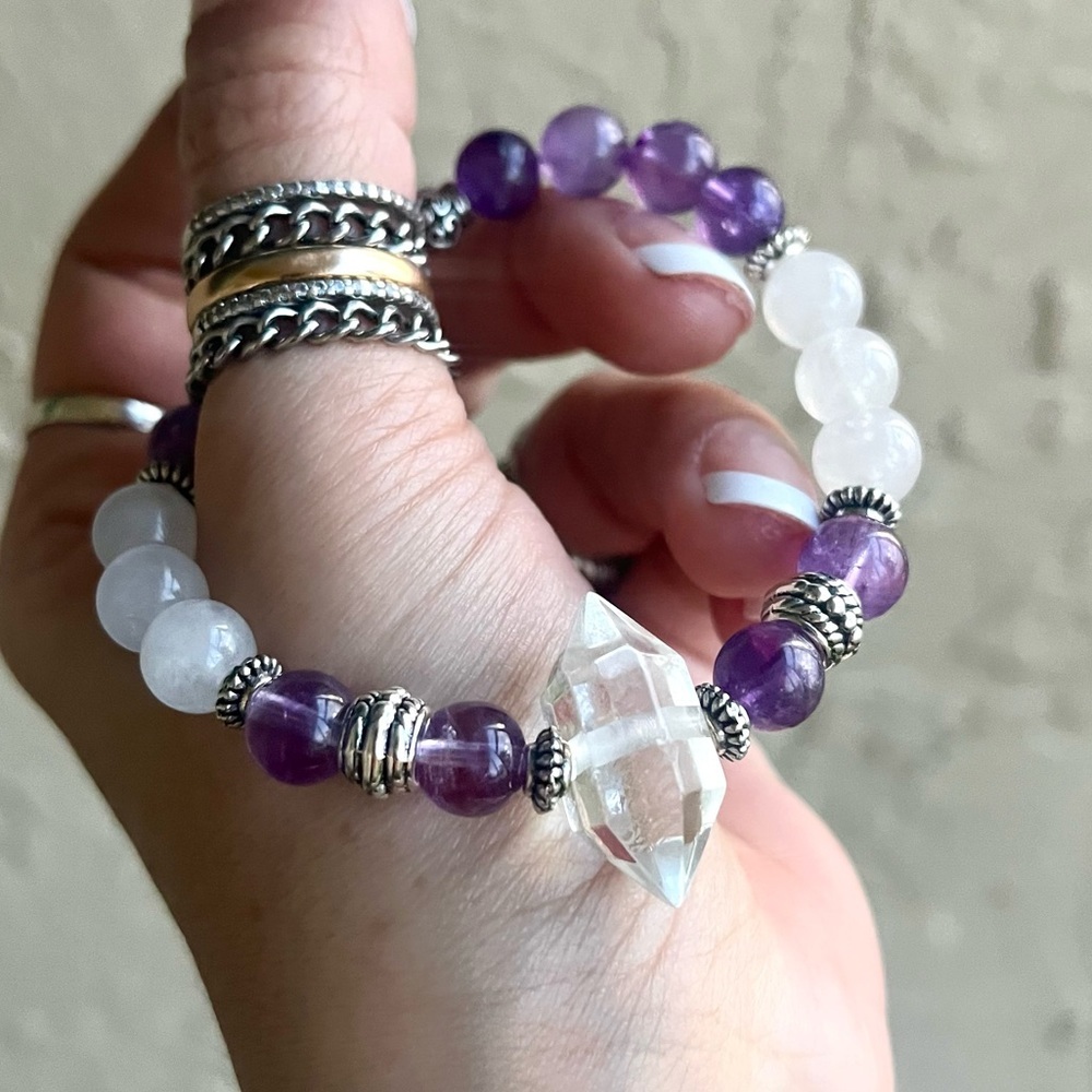 Double point crystal quartz crystal with amethyst & white agate gemstones beads - Picture 13 of 16